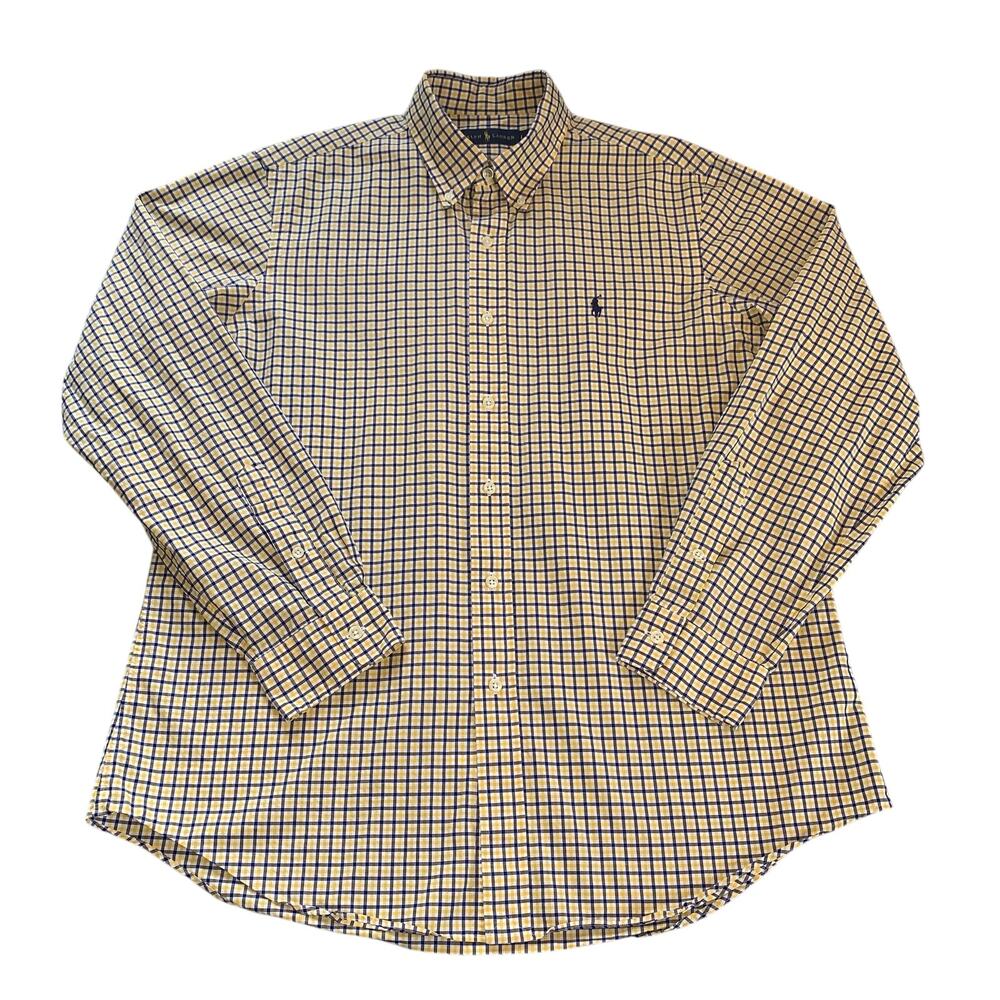 Ralph Lauren Yellow & Blue Tattersall Check Plaid Button Down Shirt Large Preppy